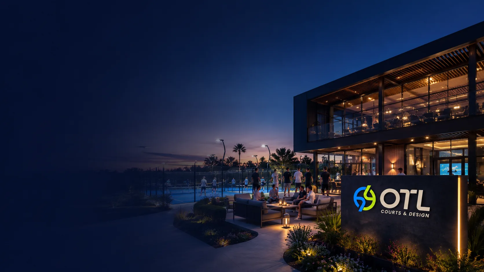 OTL premium padel clubhouse at twilight with members socializing courtside